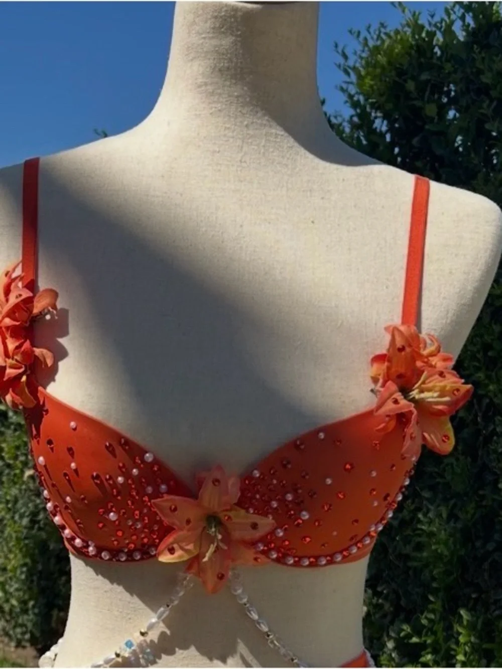 Embellished Orange Dance Set with Floral Accents